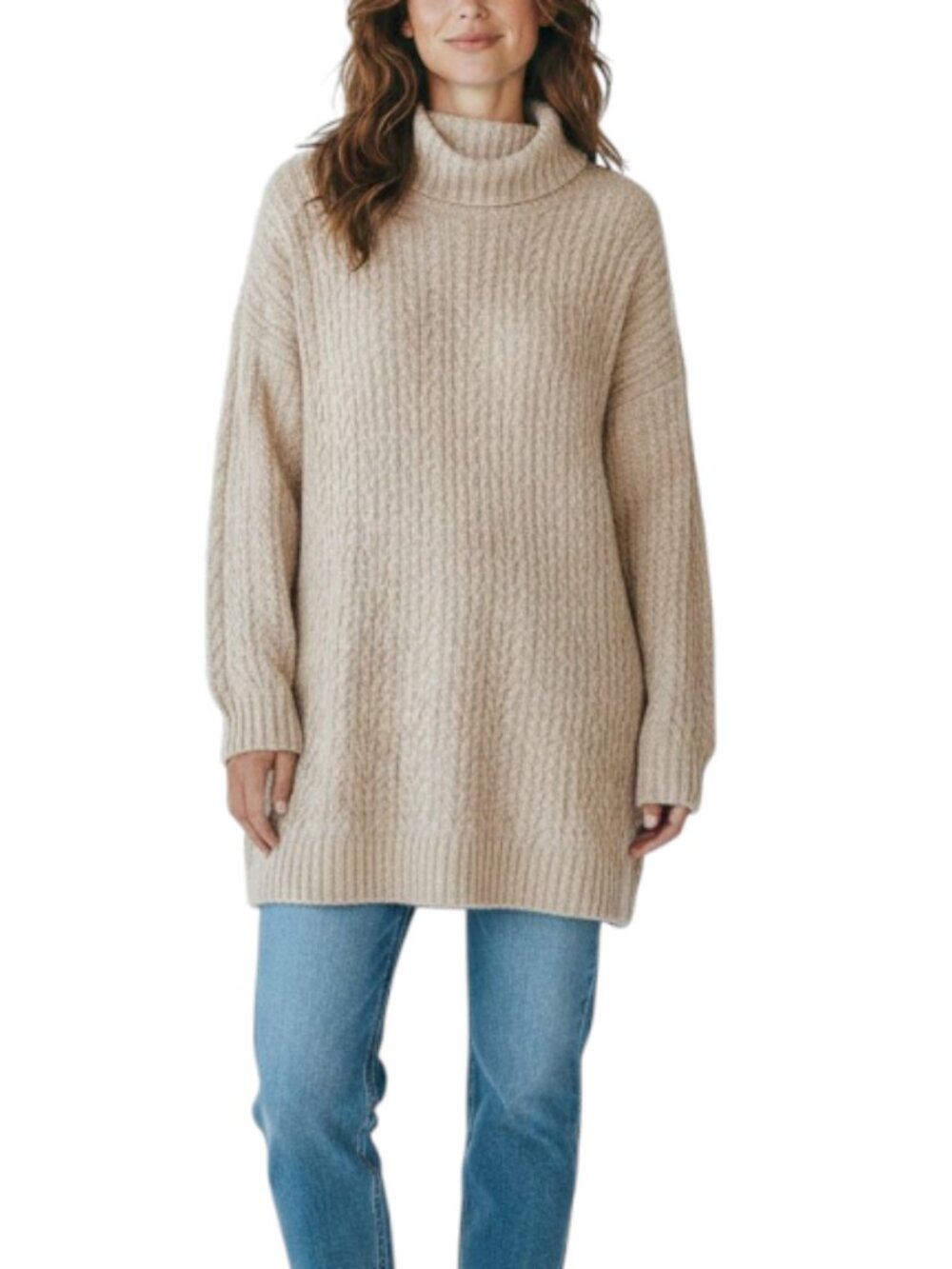 JEANNE PIERRE Lambswool Angora Blend Cable Knit Sweater-Tunic Sz L Tan Y2K Cozy